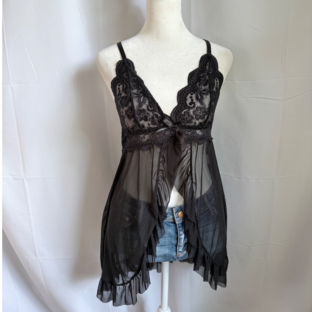 Whimsygoth Black Lace Mesh Babydoll Top Sheer Open Front Ruffle Lingerie Size M